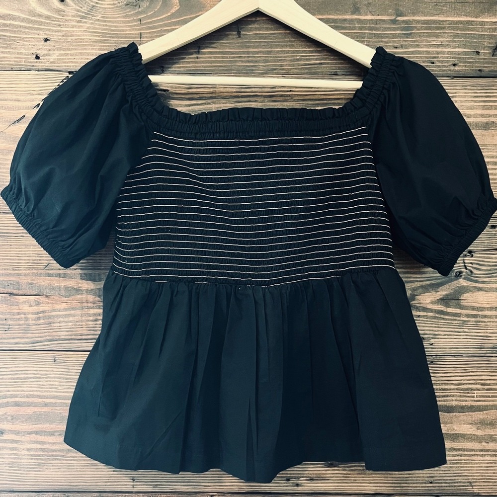 Old Navy Off-The-Shoulder Smocked Babydoll Blouse Women's L Black Peplum Cotton